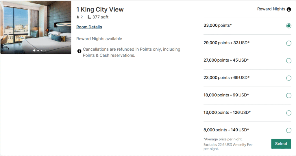 kimpton hotel arras points booking screen